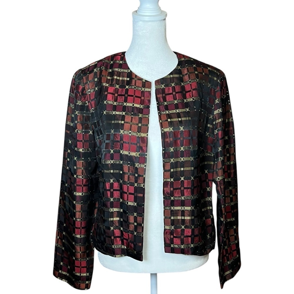 VTG Maggie L Metallic Woven Evening Jacket Open Front Red Black Gold Sz 6 Y2K